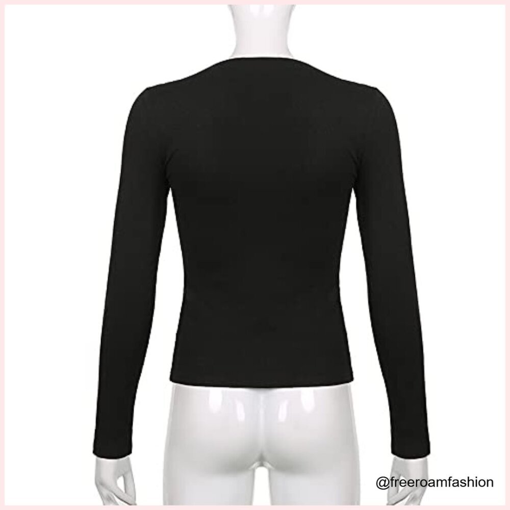 Long Sleeve V Neck Crop Top Slim Fit Y2K Grunge T-Shirt Rhinestone - Picture 5 of 7